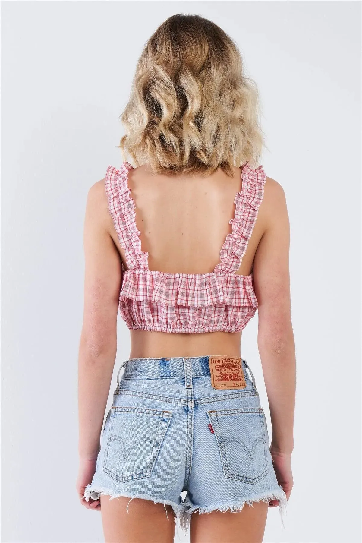 Red Cotton Checkered Frill Trim Crop Top