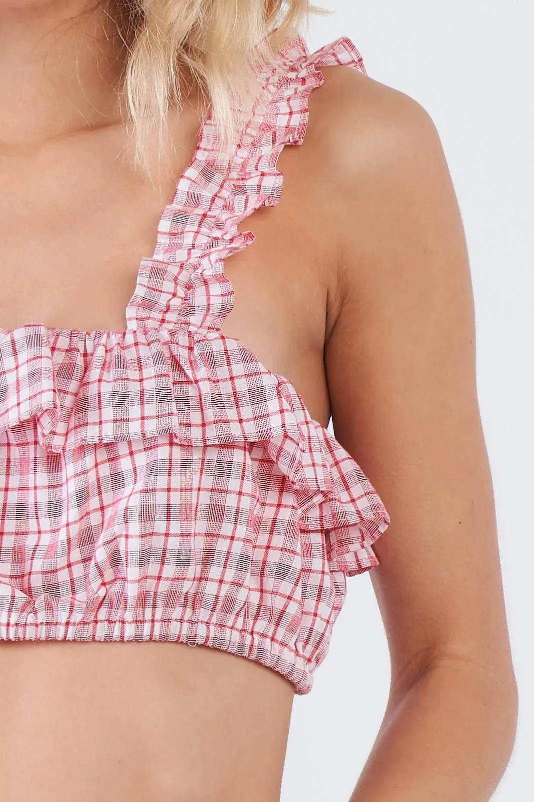 Red Cotton Checkered Frill Trim Crop Top