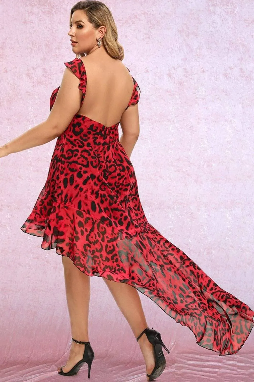 Red Long Train Plus Size Leopard Dress