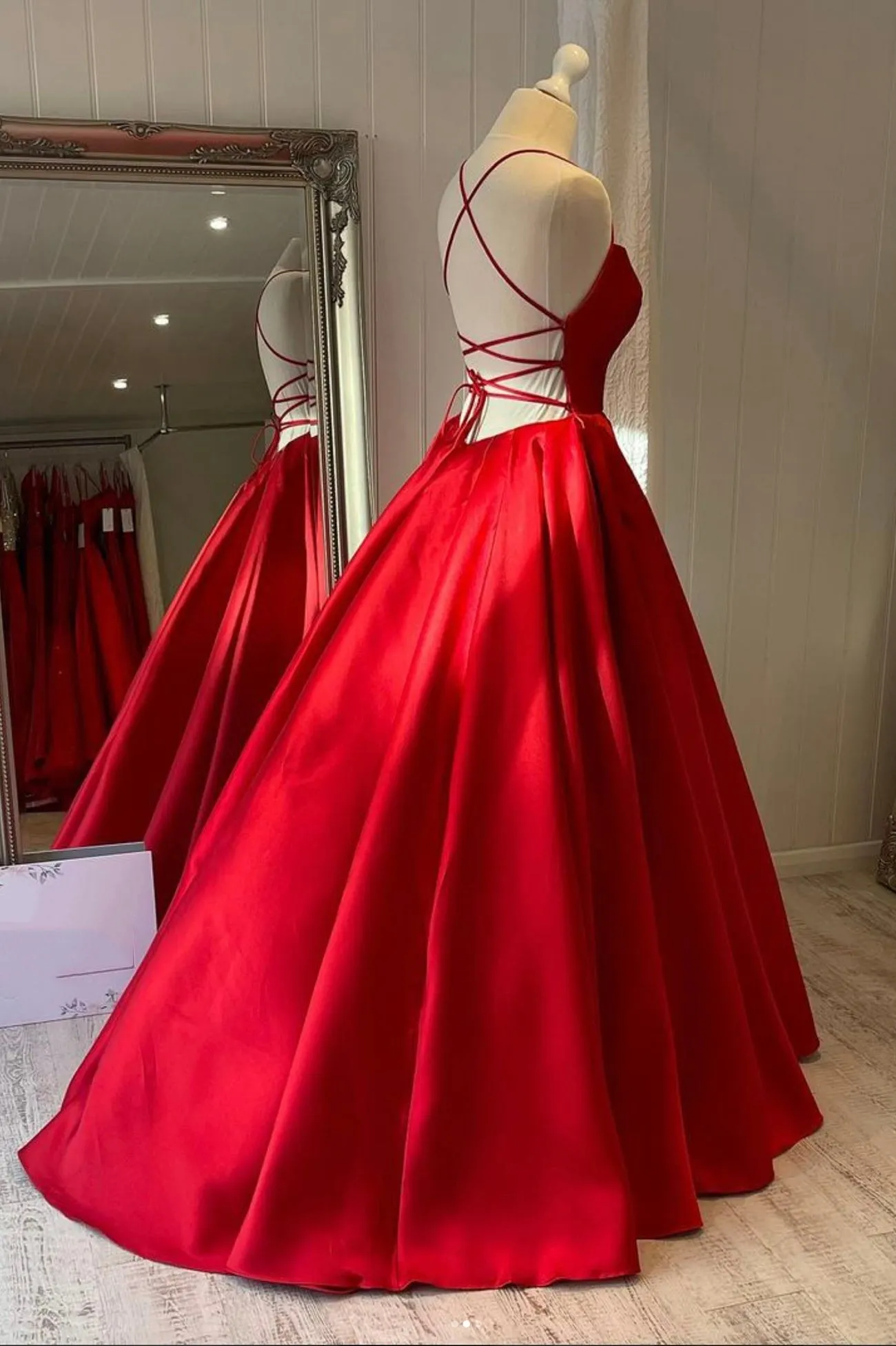 Red Spaghetti Strap Satin Long Prom Dress, A-Line Backless Evening Dress