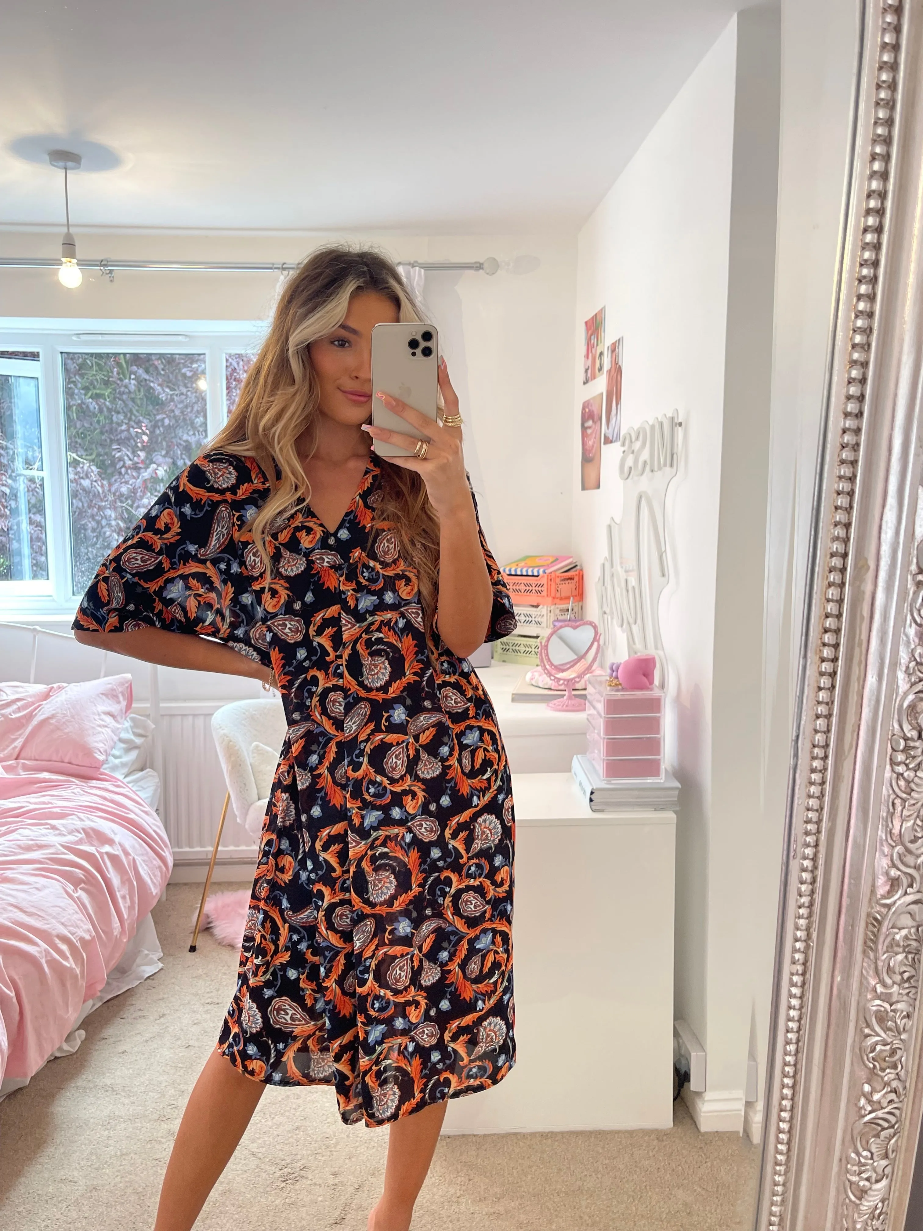 San Diego Boho Kaftan Style Loose Fit Shift Dress In Black Paisley Print