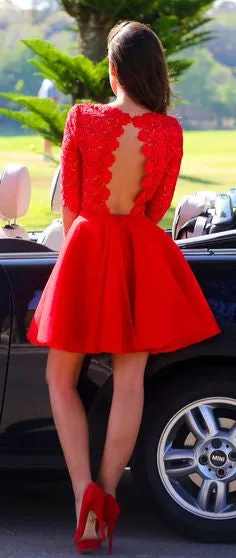 Short Red Formal Dress Lace Prom Dress With 1/2 Sleeves