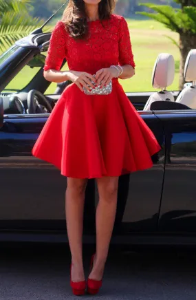Short Red Formal Dress Lace Prom Dress With 1/2 Sleeves