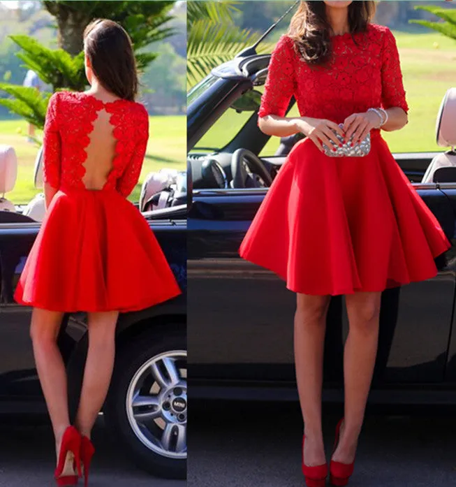 Short Red Formal Dress Lace Prom Dress With 1/2 Sleeves