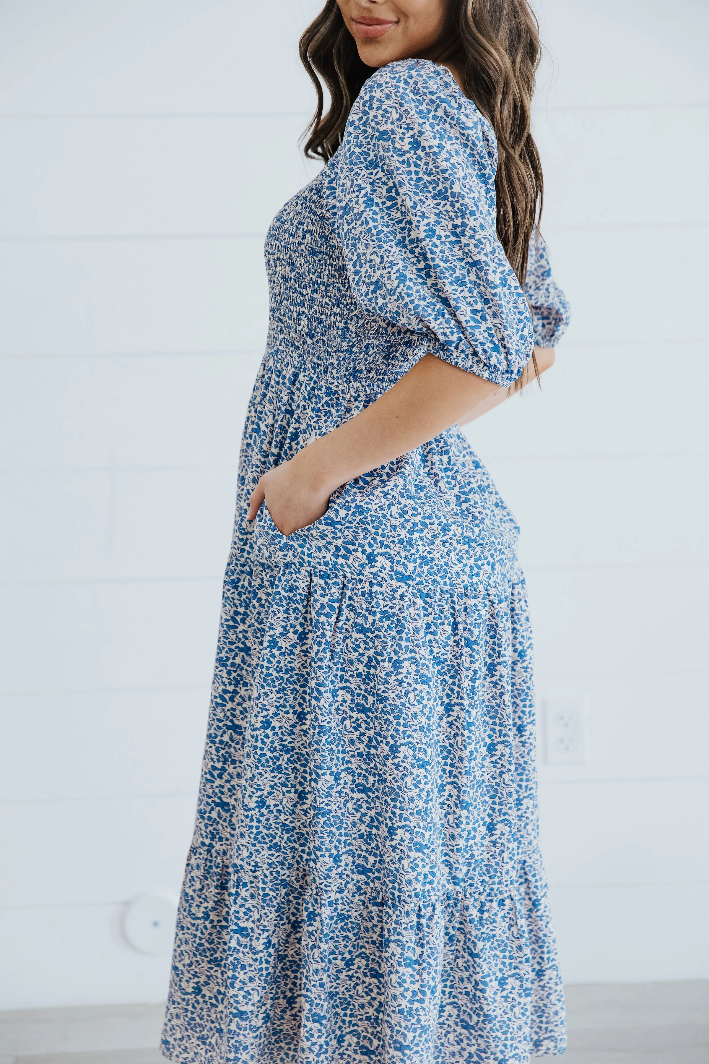 The Freddie Midi Dress in Retro Blue Bouquet