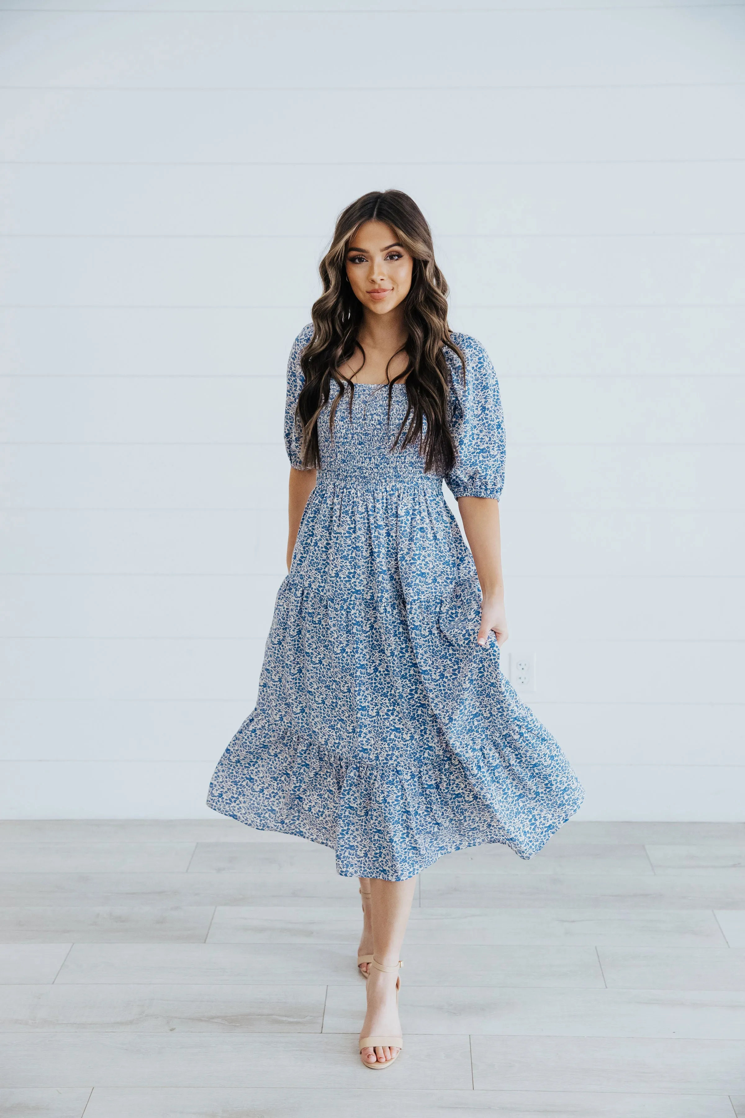 The Freddie Midi Dress in Retro Blue Bouquet