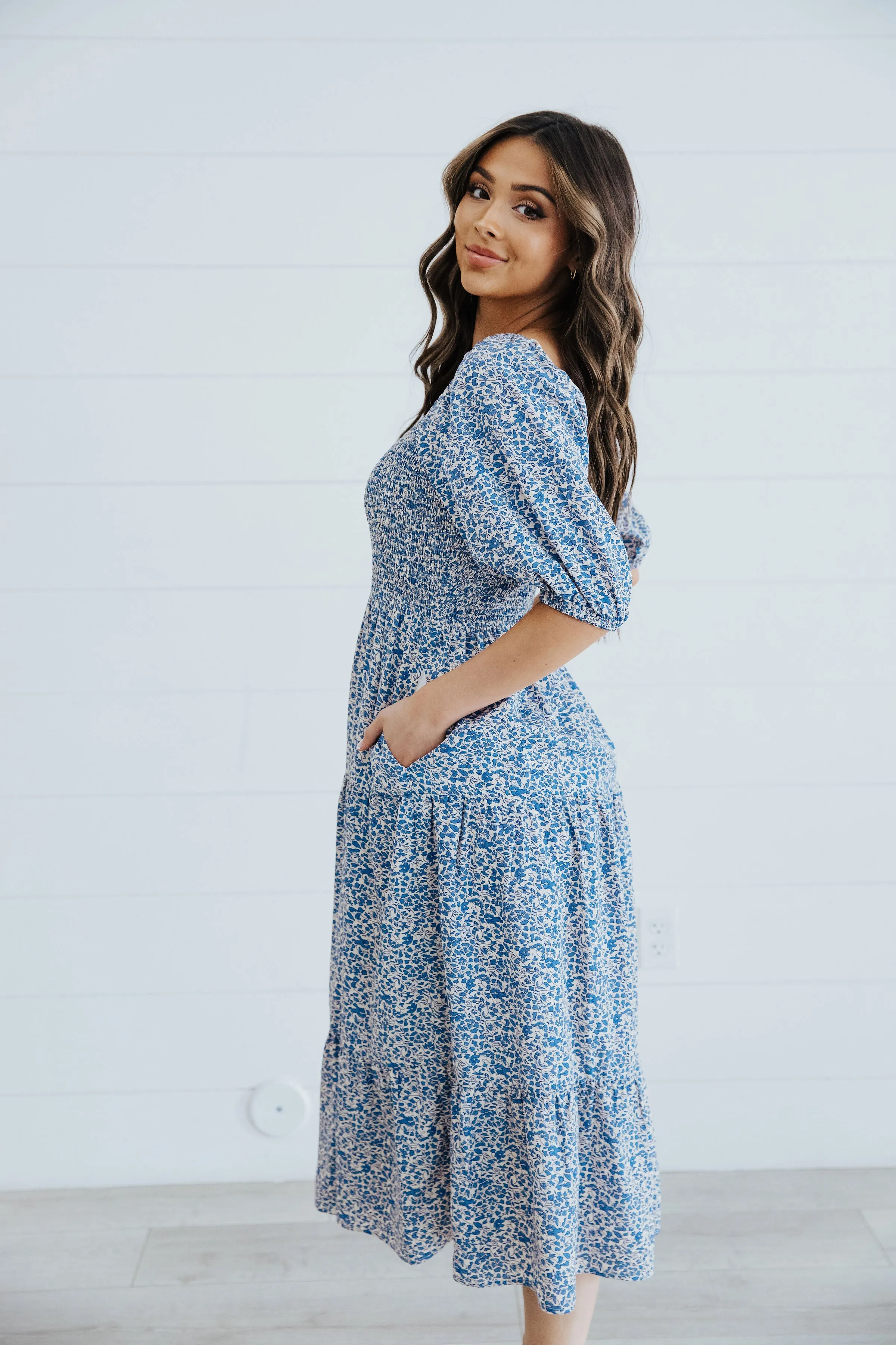 The Freddie Midi Dress in Retro Blue Bouquet