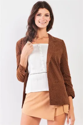 Vintage Brown Corduroy Polka Dot Print 3/4 Sleeve Open Front Retro Blazer /2-2-2
