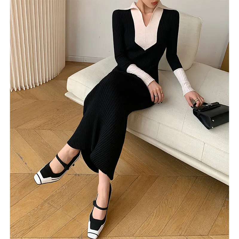 WANXO black sweater dress new design sense of contrast color slim fit mid-length bottoming knitted dress- Eliza