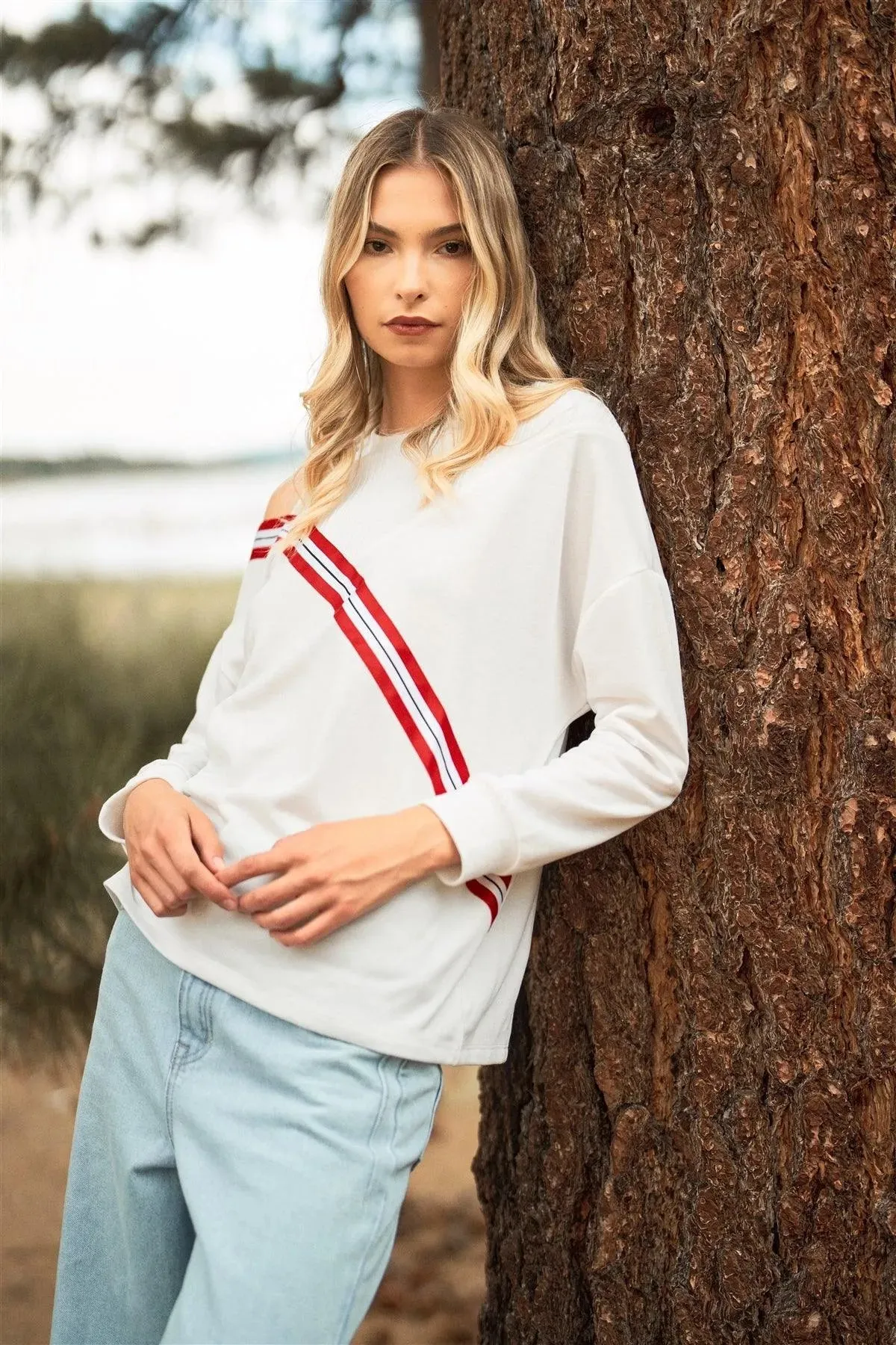 White Striped Detail Asymmetrical Shoulder Long Sleeve Sweater Top /3-2-1
