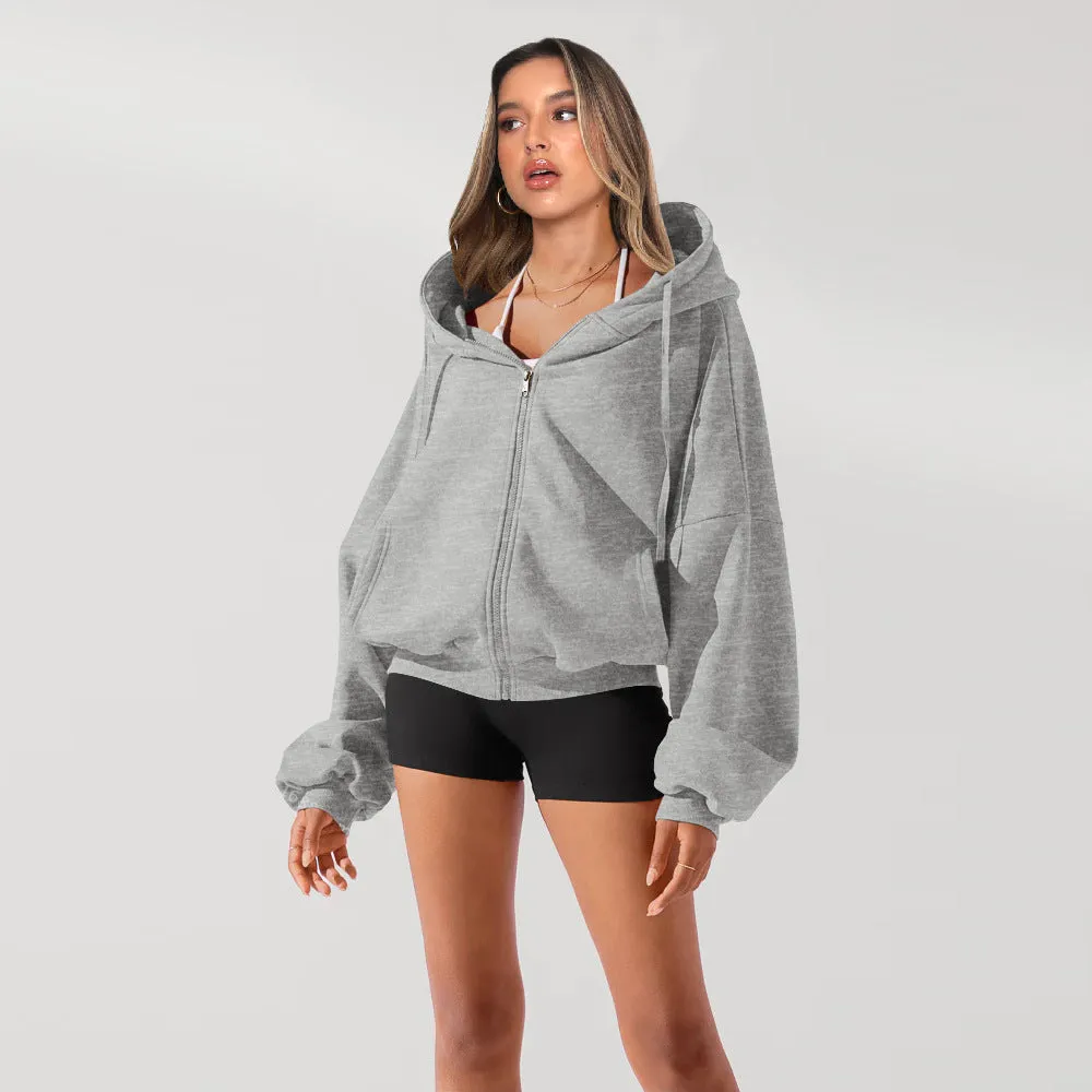 Wjczt main character mode Hot Mining Hooded Sweater Women's Autumn and Winter Women's Fashion Brand Long-Sleeved Cardigan Casual Solid Color Sports Jacket