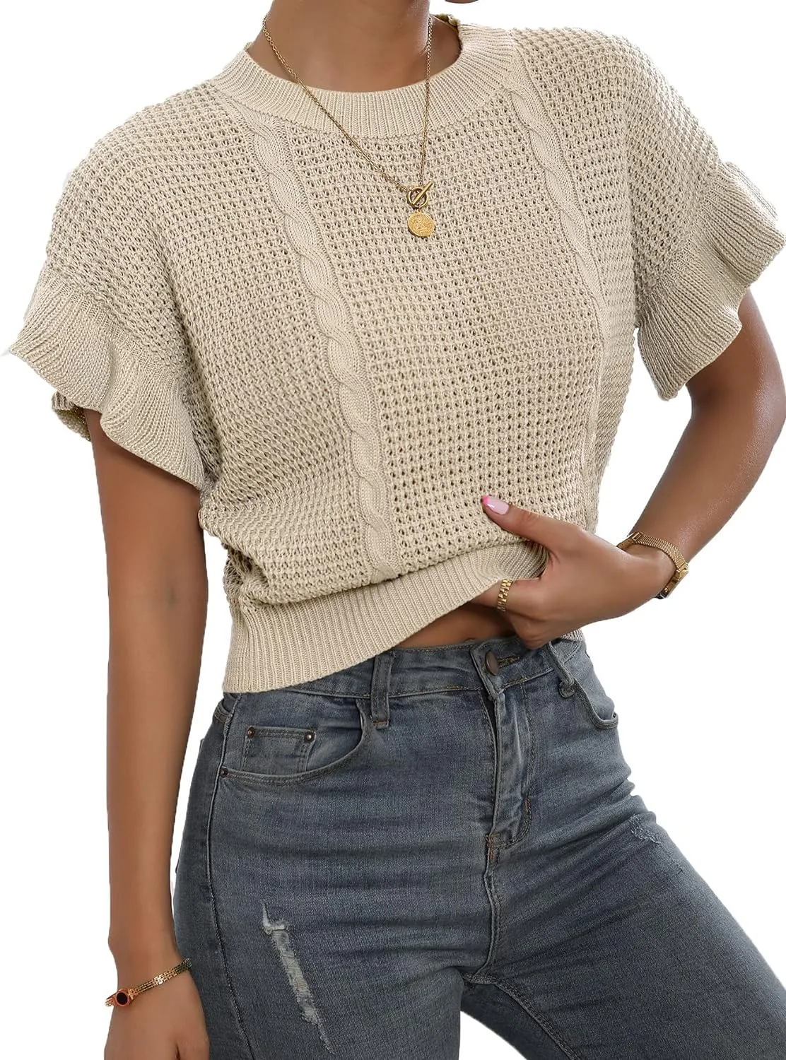 Women's Knit Ruffled Sleeve Sweater Top